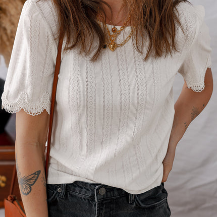 White Scalloped Lace Trim Jacquard Textured T Shirt