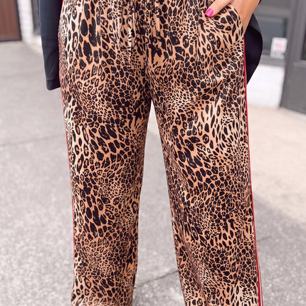 Khaki Leopard Print Colorblock Side Stripes Wide Leg Full Length Plus Size Pants