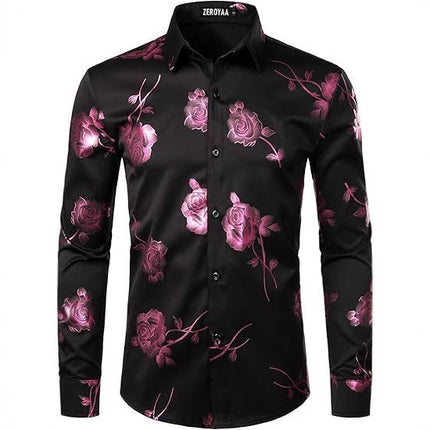 3D Golden Rose Print Slim Fit Long Sleeve Formal Wear Shirt