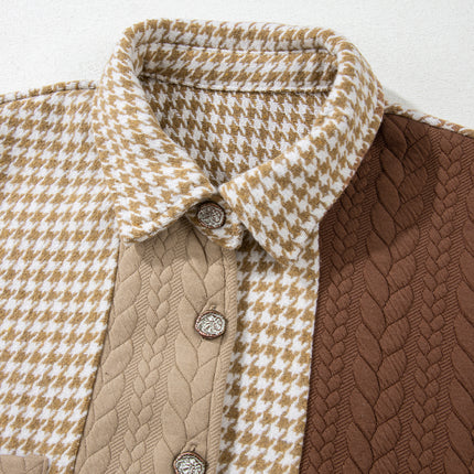 Khaki Houndstooth Color Contrast Textured Patchwork Loose Shacket