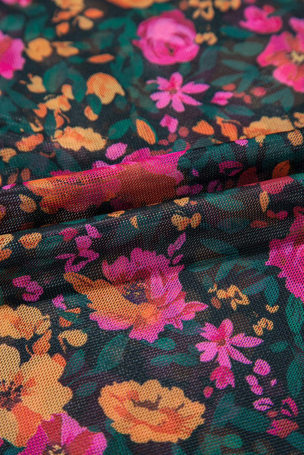 Rose Floral Print Mesh Stand Neck Short Sleeve Top