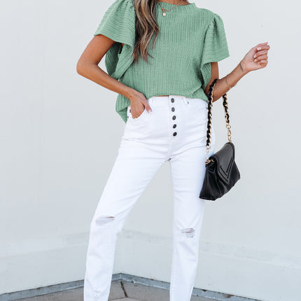 Moonlight Jade Solid Color Textured Flutter Sleeve Top