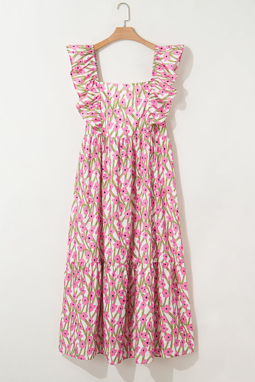 Pink Plus Size Ruffle Trim Square Neck High Waist Floral Maxi Dress