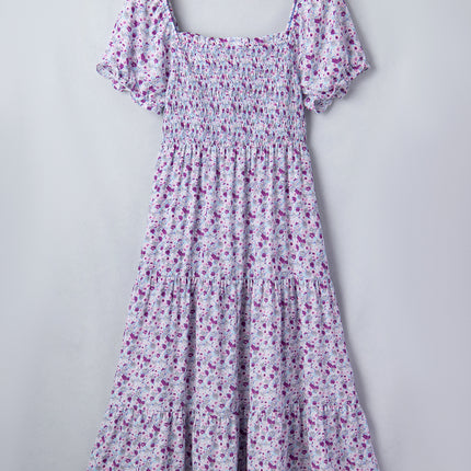 Purple Plus Size Floral Print Square Neck Smocked Maxi Dress