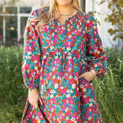Sky Blue Plus Size Floral Print Shirred Ruffle Tiered Mini Dress