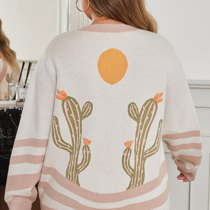 Apricot Western Desert Cactus Print Plus Size Button Cardigan Sweater