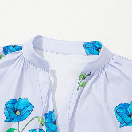 Sky Blue Floral Print Tie Split Neck Short Puff Sleeve Blouse
