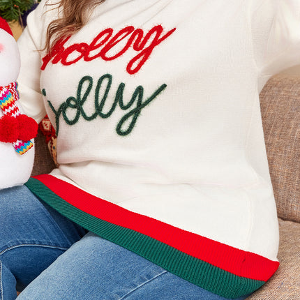 White Tinsel holly jolly Pattern Colorblock Edge Drop Shoulder Plus Size Sweater