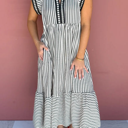 Brown Stripe Plus Size Slit V Neck Tiered Flutter Sleeve Maxi Dress