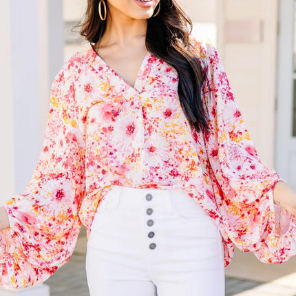Pink Ditsy Floral Bubble Sleeve V Neck Blouse