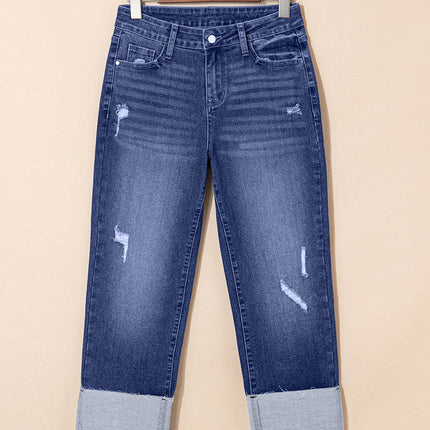 Real Teal Folded Cuffs Distressed Straight High Waist Jeans