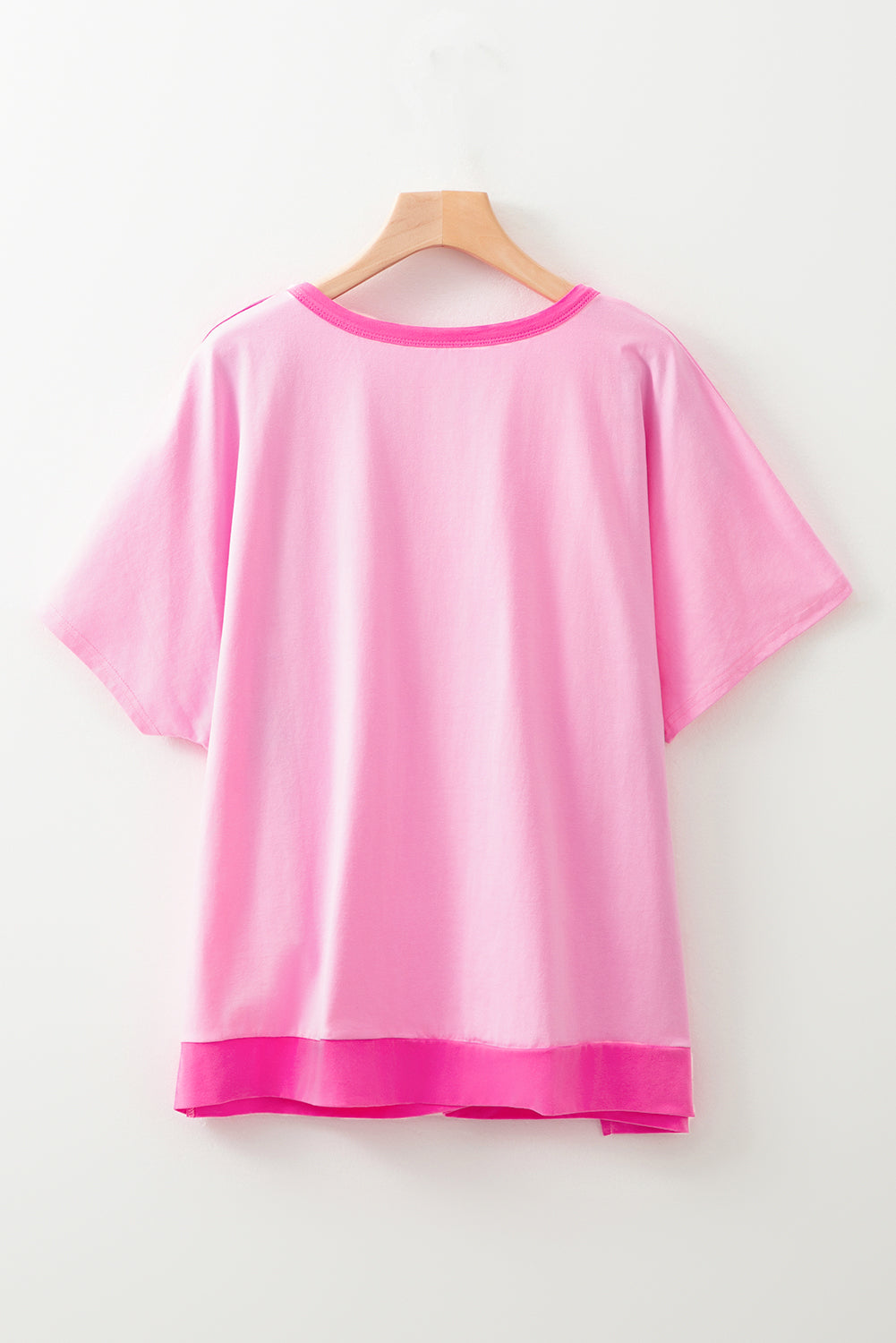 Bright Pink Colorblock Patchwork Short Sleeve Buttons Plus Size Henley Top