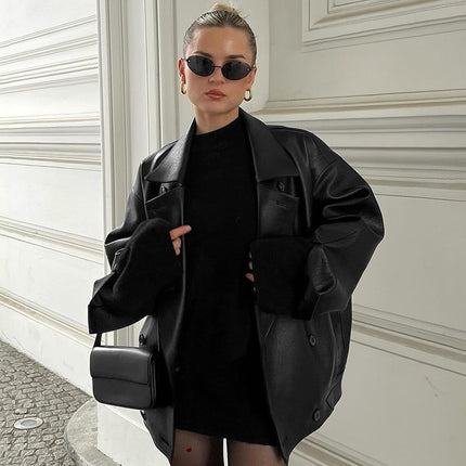 Women's Elegant Suit Collar Loose Leather Coat