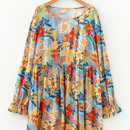 Blue Plus Size Floral Ruffled Long Sleeve Flowy Mini Dress