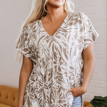 Khaki Floral Print V Neck Short Sleeve Loose Fit Blouse