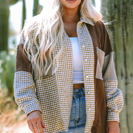 Khaki Houndstooth Color Contrast Textured Patchwork Loose Shacket