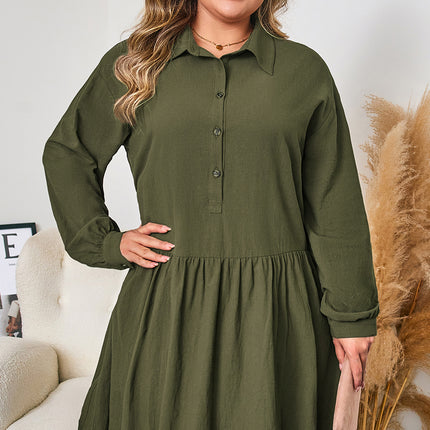 Four Leaf Clover Plus Size Collar Half Button Long Sleeve Ruffle Hem Mini Dress