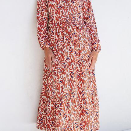 Orange Abstract Print V Neck Pleated High Waist Midi Dress