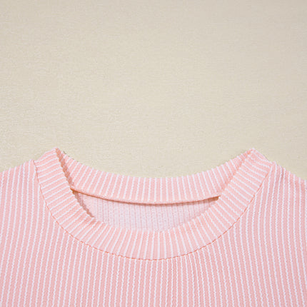 Pink Corded Knit Color Block Pocketed Crew Neck T Shirt