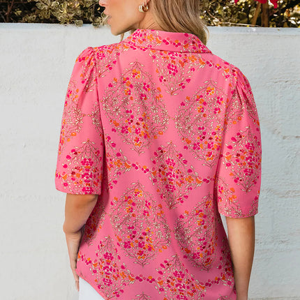 Rose Red Floral Print Wide Short Sleeve Loose Shirt