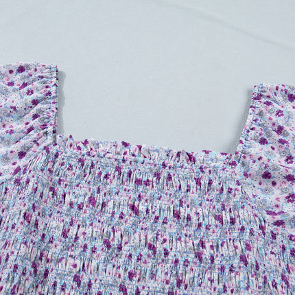 Purple Plus Size Floral Print Square Neck Smocked Maxi Dress