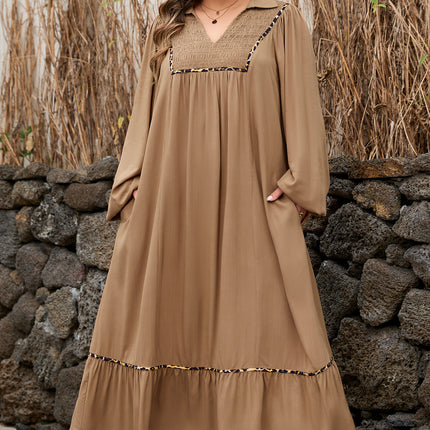 Chestnut Smocked V Neckline Leopard Piping Accent Bracelet Plus Size Long Dress