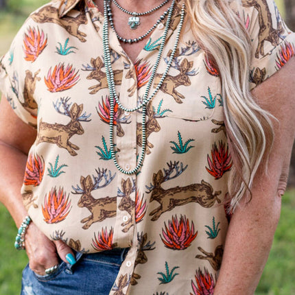 Khaki Plus Size Western Pattern Print Buttoned Short Sleeve Shirt