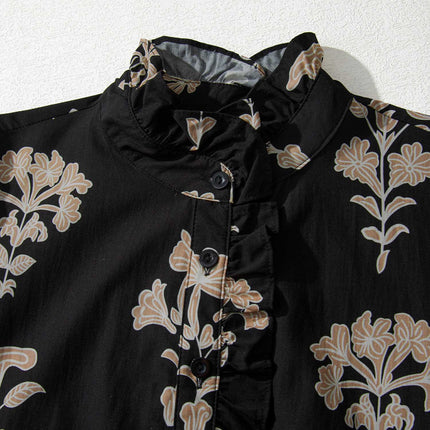 Black Floral Print Frilled Collar Short Puff Sleeve Maxi Dress