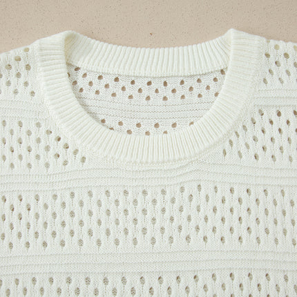 White Plus Size Eyelet Hollow Out Knit Ribbed Trim Short Sleeve Dolman Sweater