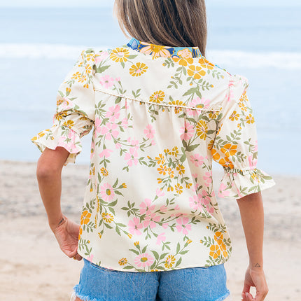 Multicolour Crochet V Neck Half Sleeve Boho Floral Blouse