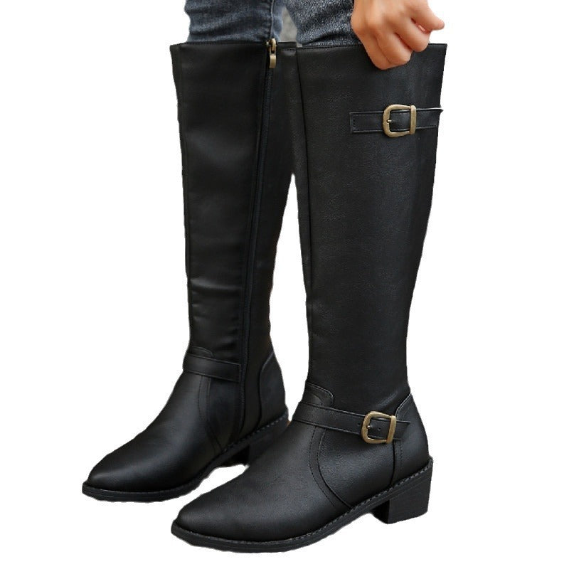 Large Size Thick Heel Square Buckle Test Zipper Boots Women