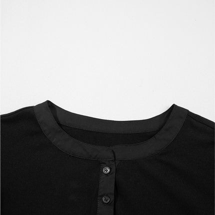 Black Ribbed Patchwork Puff Sleeve Half Button Placket Slim Fit Top