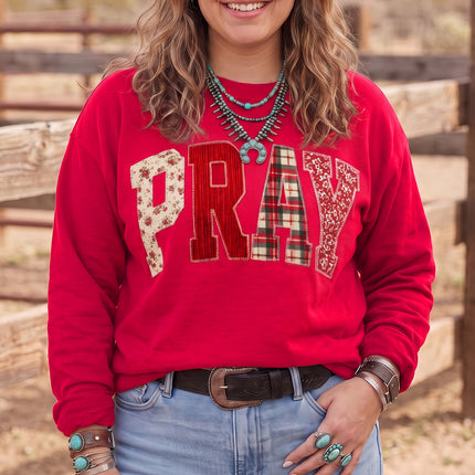 Coffee PRAY Letter Patchwork Round Neck Long Sleeve Plus Size Sweatshirt