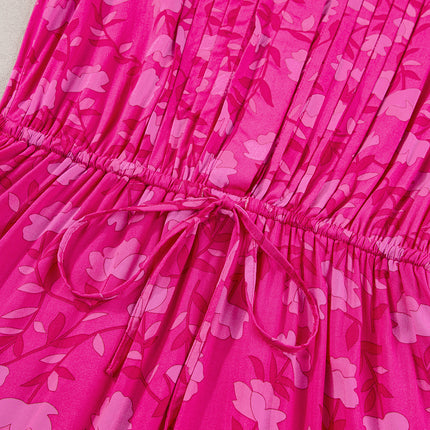 Rose Red Floral Print Pleated Drawstring Flowy Midi Dress