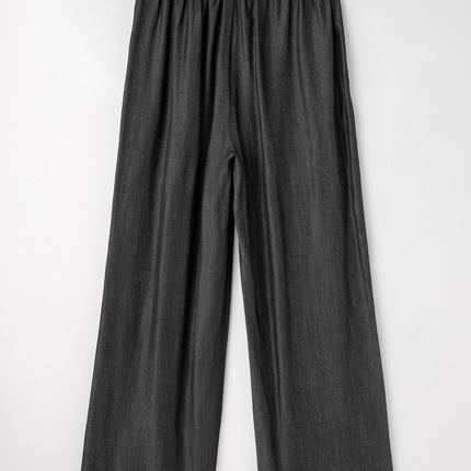 Black Side Pockets Frilled Smocked High Waist Wide Leg Jeans