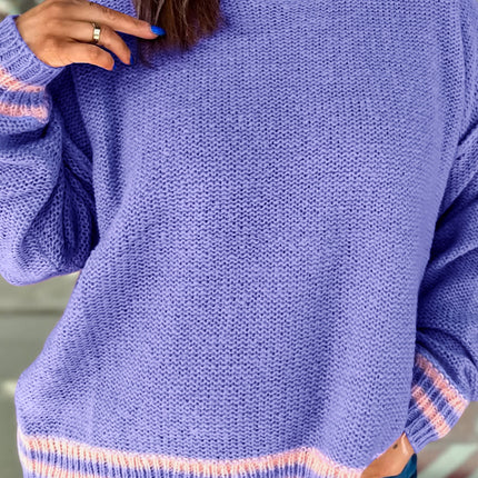Wisteria Plus Size Striped Trim Drop Shoulder Knit Loose Sweater