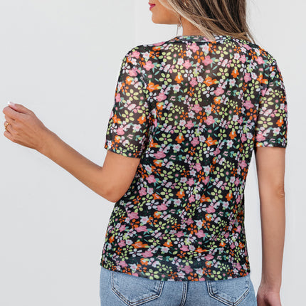 Black Sheer Floral Mesh Round Neck T Shirt