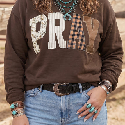 Coffee PRAY Letter Patchwork Round Neck Long Sleeve Plus Size Sweatshirt