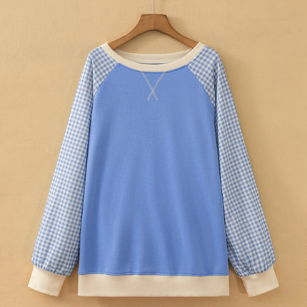 Light Blue Plaid Sleeve Ribbed Colorblock Trim Plus Size Sweatshirt