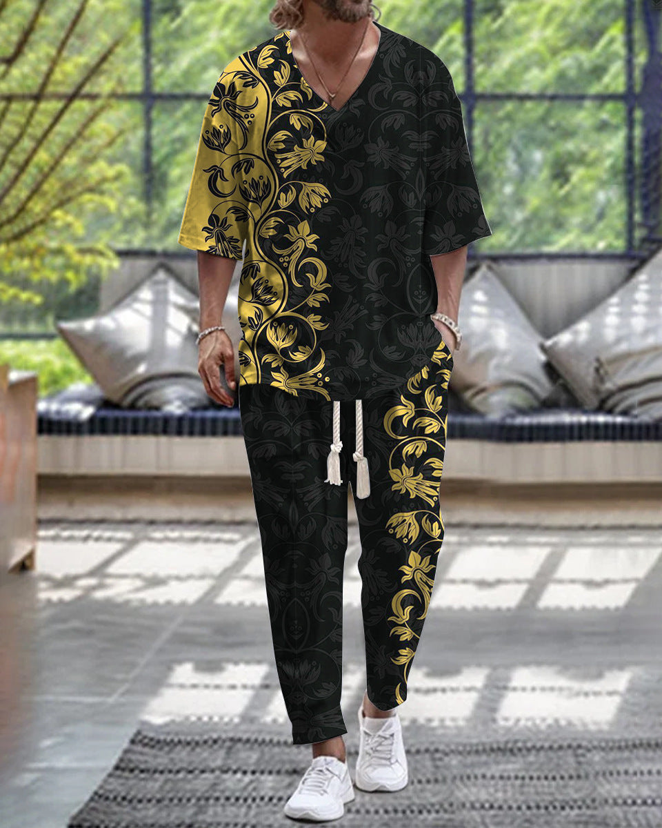 Cropped Sleeves V-neck Trousers Suit