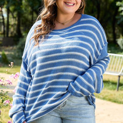 Sky Blue Stripe Drop Shoulder O Neck Plus Size Sweater