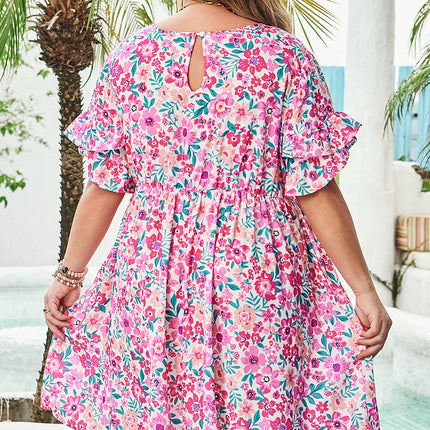 White Plus Size Floral Print Frilled Short Sleeve Flare Dress
