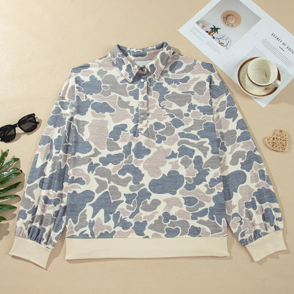 Multicolour Casual Camo V-Neck Buttoned Plus Size Sweatshirt