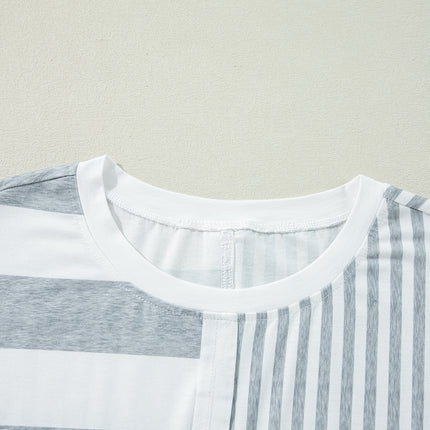 Gray Stripe Mixed Printed Short Sleeve Shift Mini T Shirt Dress