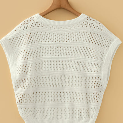 White Plus Size Eyelet Hollow Out Knit Ribbed Trim Short Sleeve Dolman Sweater