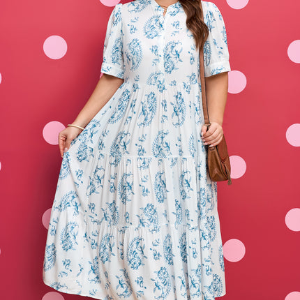 Sky Blue Plus Size Geometric Floral Print Button Split Neck Short Sleeve Maxi Dress