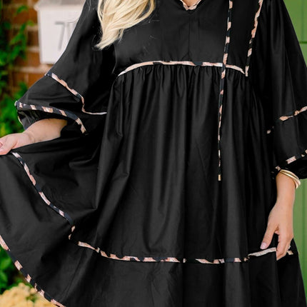 Black Plus Size Long Sleeve Leopard Contrasted Trim Tie Neck Flared Mini Dress