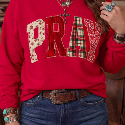 Coffee PRAY Letter Patchwork Round Neck Long Sleeve Plus Size Sweatshirt