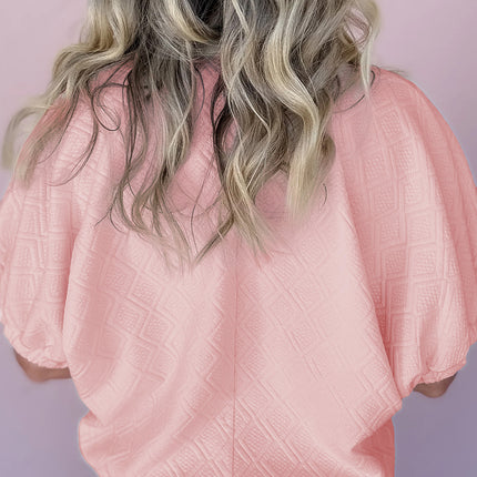 Light Pink Contrast Striped Collar Patchwork Textured Half Sleeve Blouse