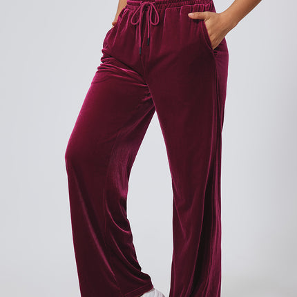 Burgundy Solid Drawstring Waist Wide Leg Pants